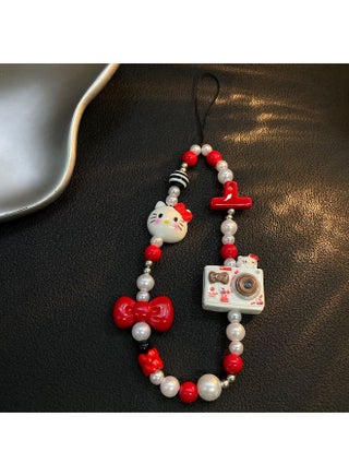 Kawaii Beaded Pearl Phone Charms Strap Cute Kitten Camera Bow Cell Phone Lanyard Wrist Strap - view 5